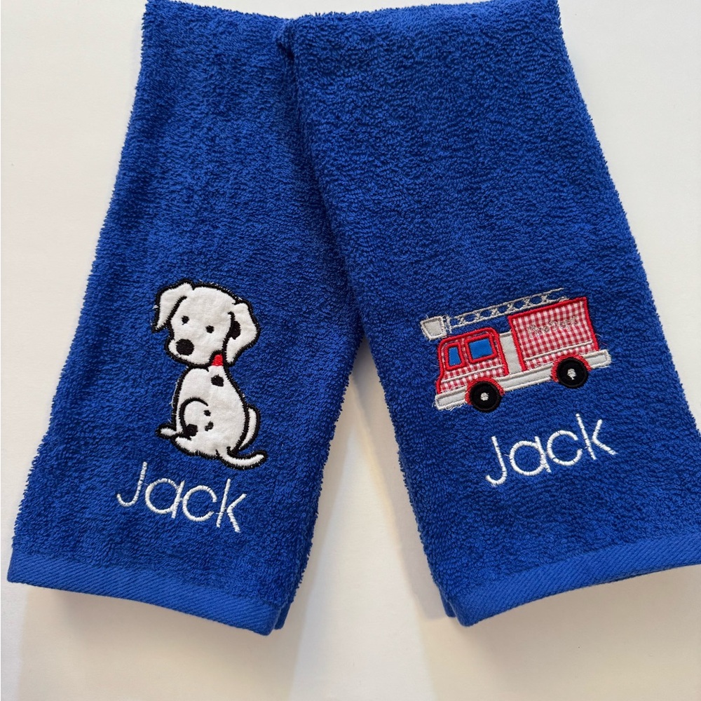 Personalized Blue Kids Hand Towel Set with Embroidered Firetruck and Dalmation